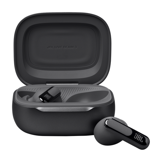 JBL Live Beam 3 (Black) - earbuds and open charging case