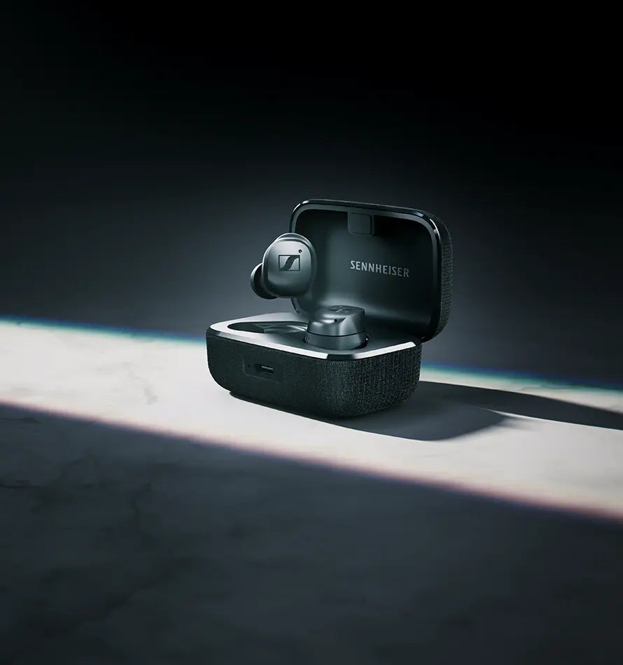 Sennheiser MOMENTUM True Wireless 4 (Black Graphite) - earbuds and charging case studio view