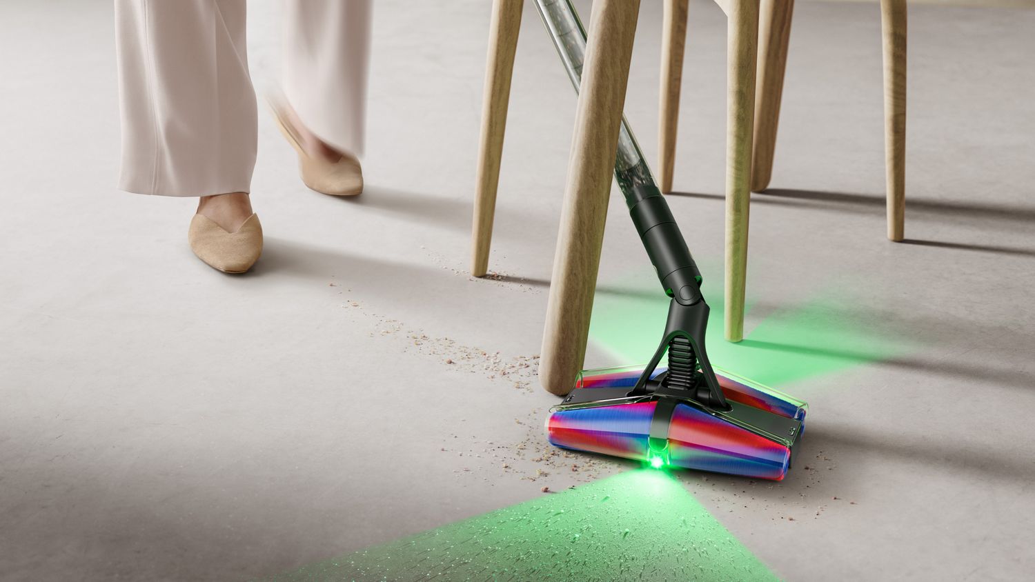 Dyson PencilVac Fluffycones — cleaning around a chair leg