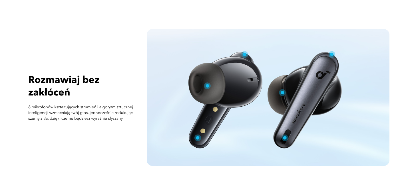 Anker Soundcore Liberty 4 NC Velvet Black earbuds detail view showing microphones and eartips