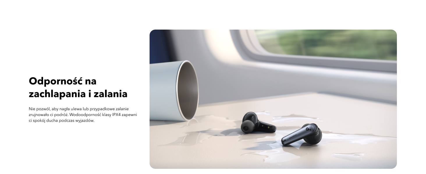 Anker Soundcore Liberty 4 NC earbuds shown in a water resistance lifestyle scene