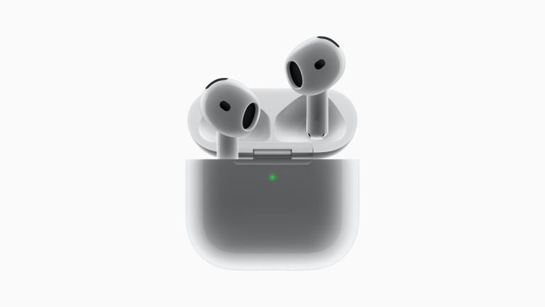 Apple AirPods 4 with Active Noise Cancellation in open wireless charging case — official Apple image