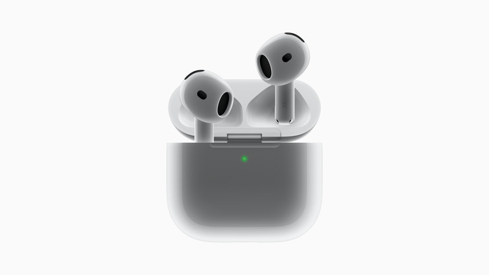 Apple AirPods 4 with Active Noise Cancellation in open wireless charging case — official Apple image