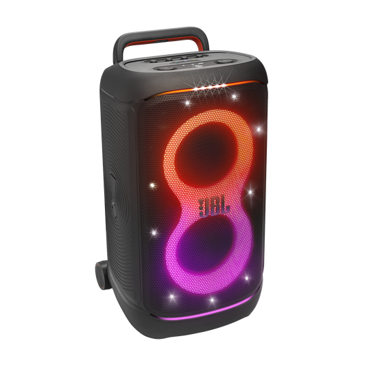 JBL PartyBox 520 (Black) - angled view with illuminated speakers