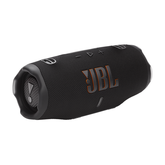 JBL Charge 6 (Black) - angled view with carrying strap