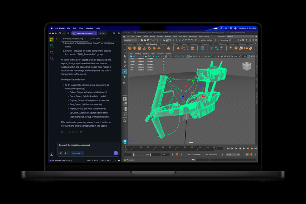Apple MacBook Pro running LM Studio and Autodesk Maya