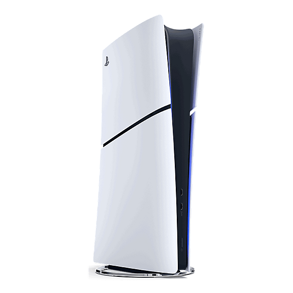 PlayStation 5 Digital Edition 825GB – white console, three-quarter view (vertical stand sold separately)