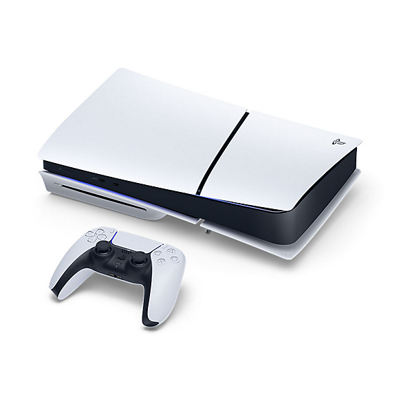 PlayStation 5 Disc Edition 1TB – horizontal three-quarter view with DualSense controller