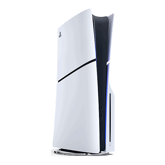 PlayStation 5 Disc Edition 1TB – white console, three-quarter view (vertical stand sold separately)