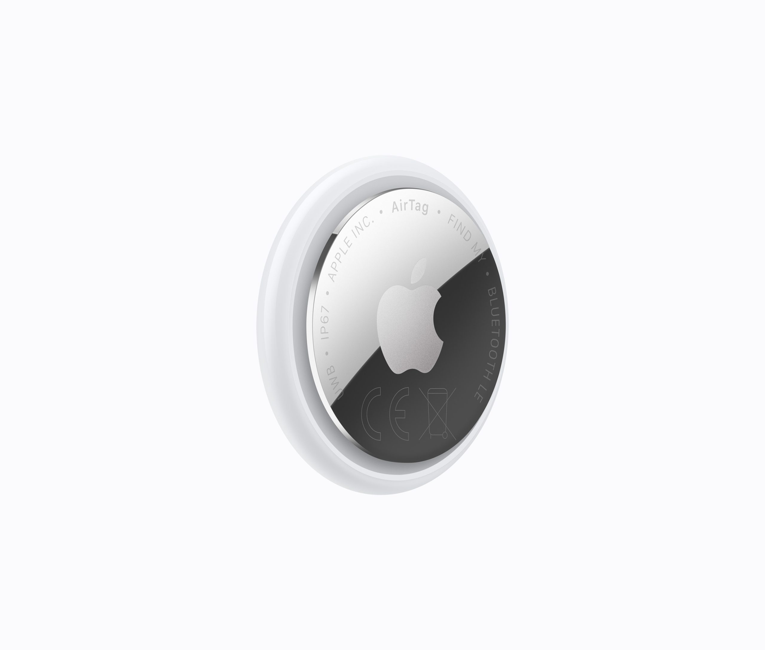Apple AirTag 2nd generation — angled view with EU markings