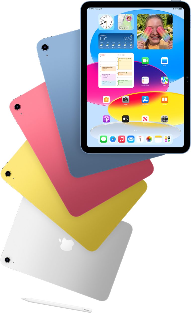 Apple iPad A16 — front view and colour finishes