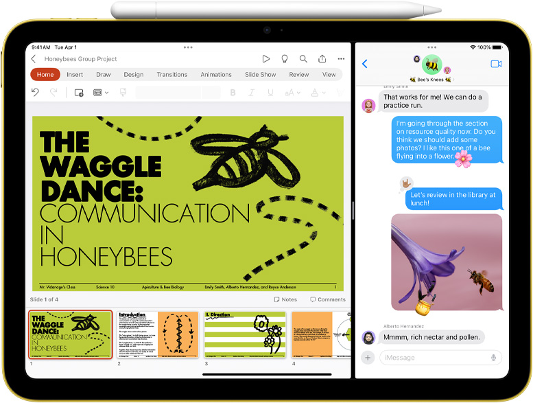 Apple iPad A16 — multitasking with PowerPoint and Messages