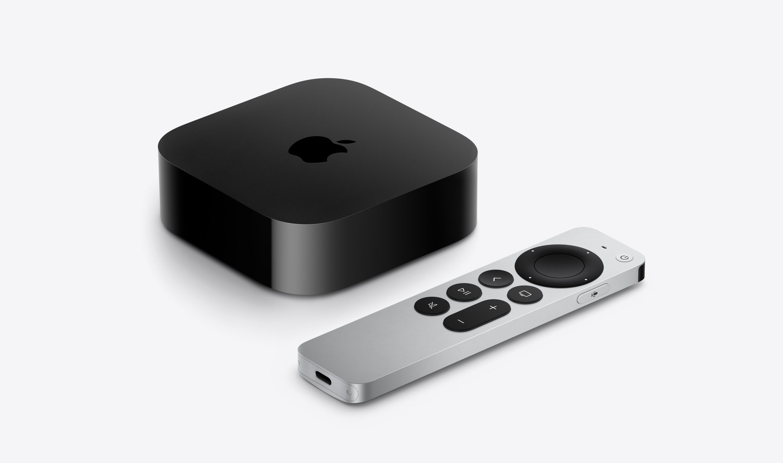 Apple TV 4K 3rd generation — angled view with USB-C Siri Remote
