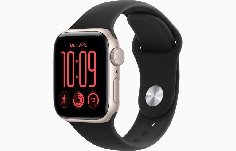 Apple Watch SE 3 40mm Starlight GPS — side view with Black Sport Band