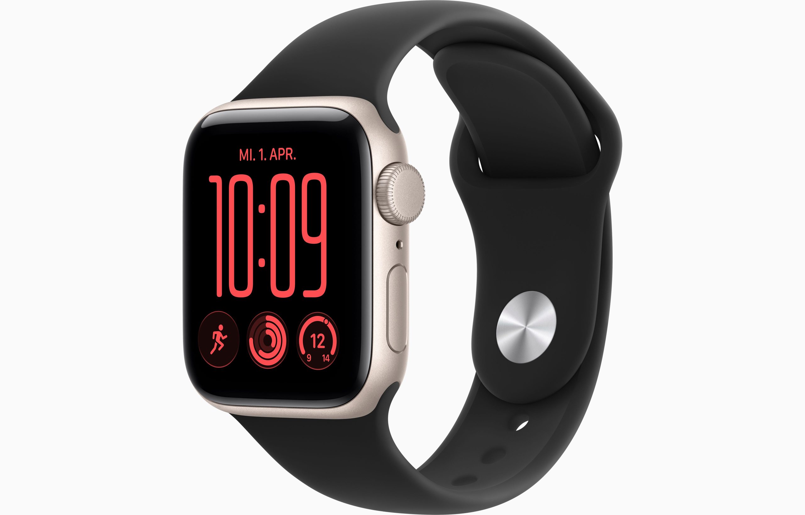 Apple Watch SE 3 40mm Starlight GPS — side view with Black Sport Band