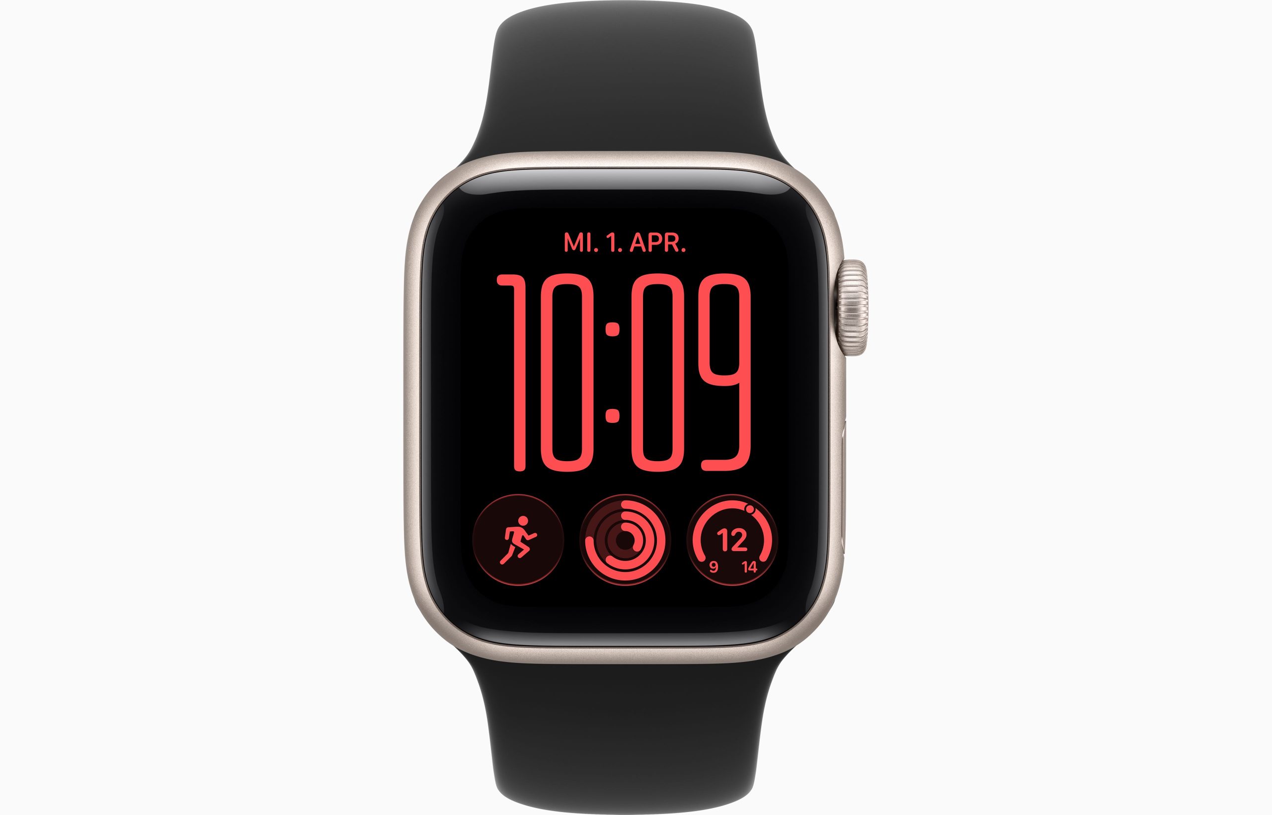 Apple Watch SE 3 40mm Starlight GPS — front view with Black Sport Band
