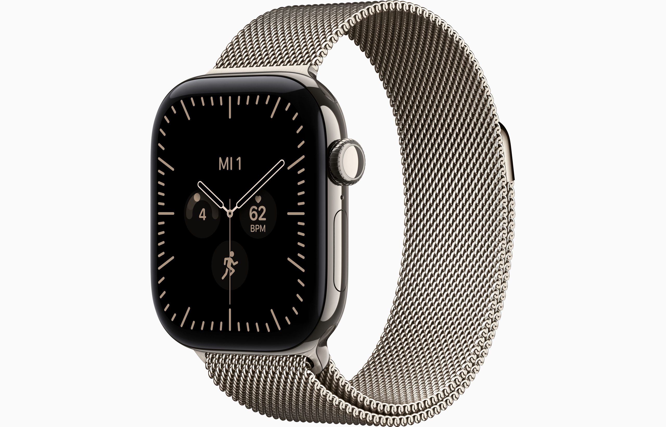 Apple Watch Series 12 42mm Natural Titanium — side view with Natural Milanese Loop