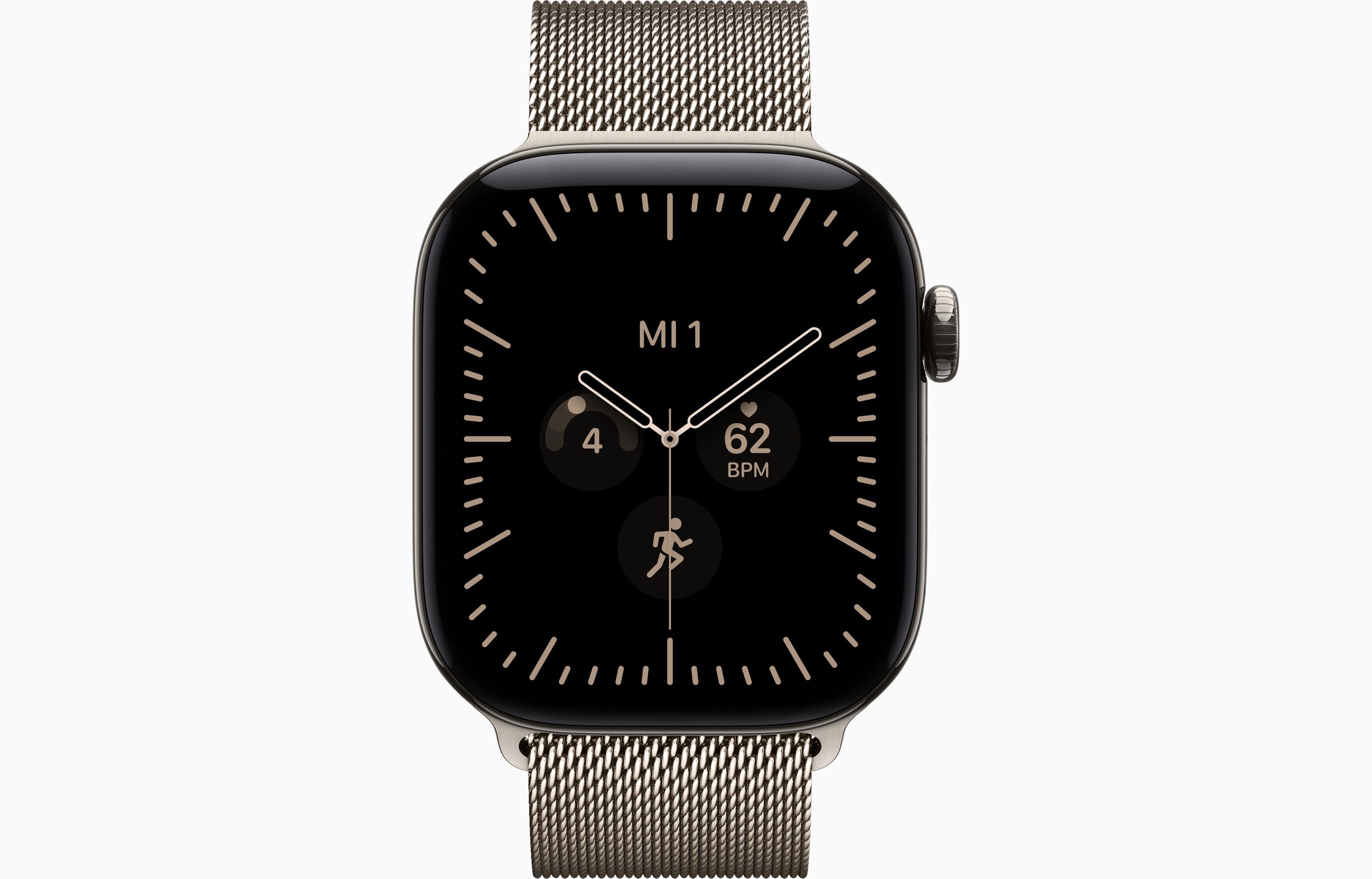 Apple Watch Series 12 42mm Natural Titanium — front view with Natural Milanese Loop