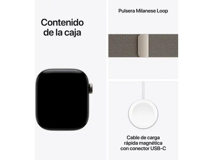 Apple Watch Series 12 42mm Natural Titanium — watch, Milanese Loop and USB-C charging cable