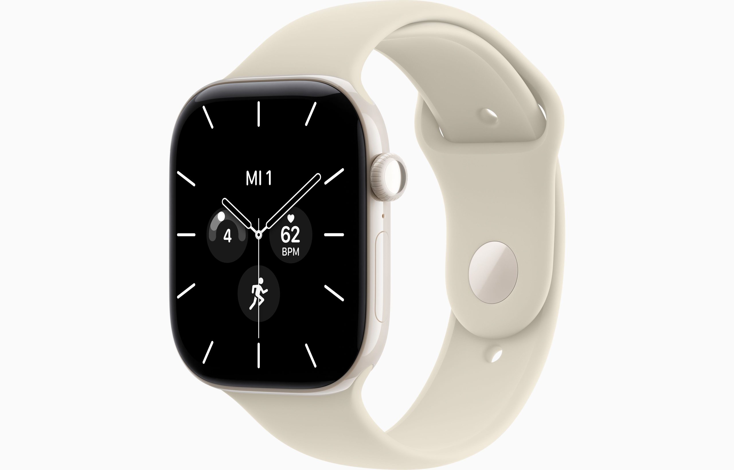 Apple Watch Series 12 46mm Pearl White — side view with Sand Sport Band