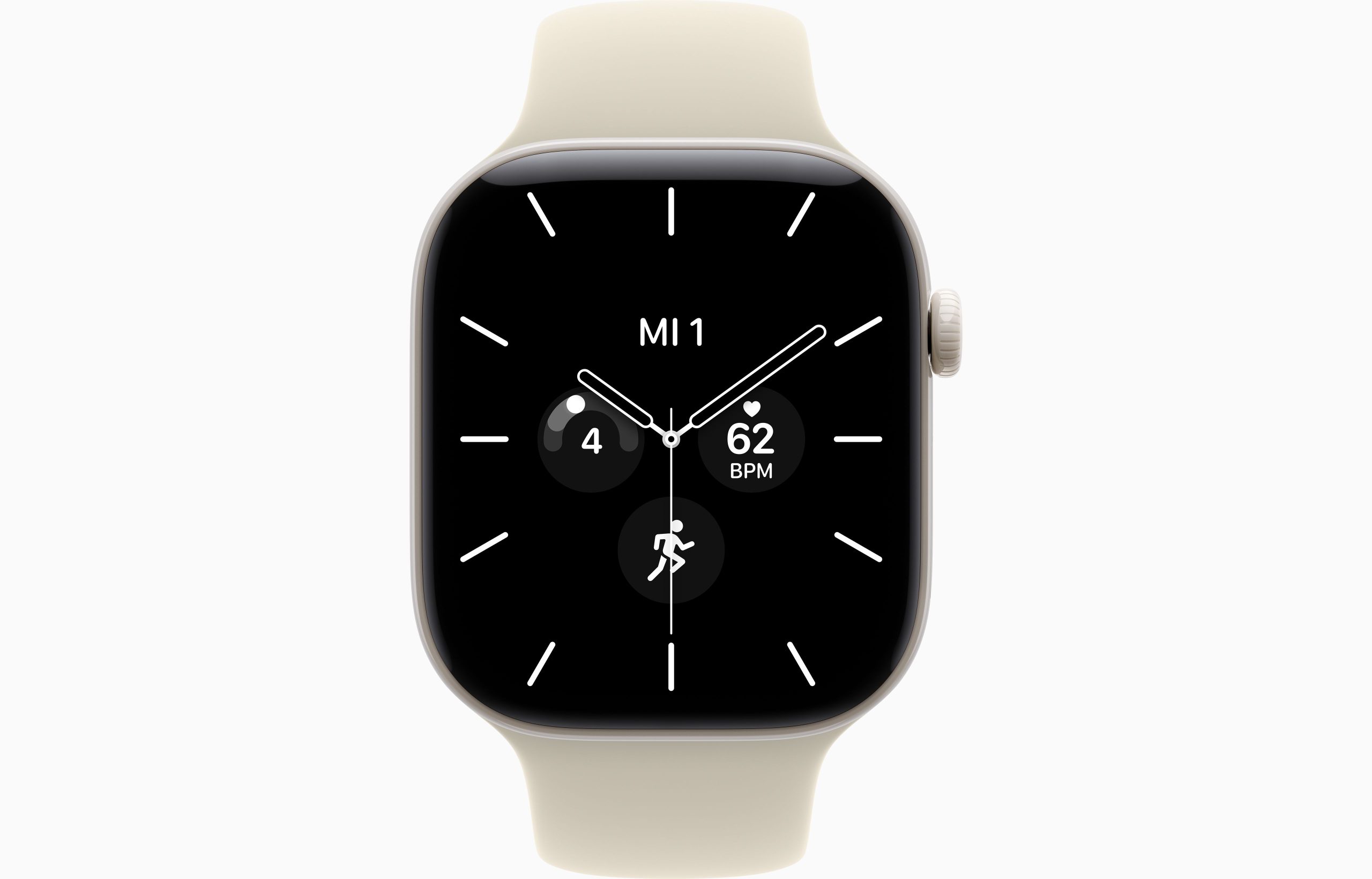 Apple Watch Series 12 46mm Pearl White — front view with Sand Sport Band