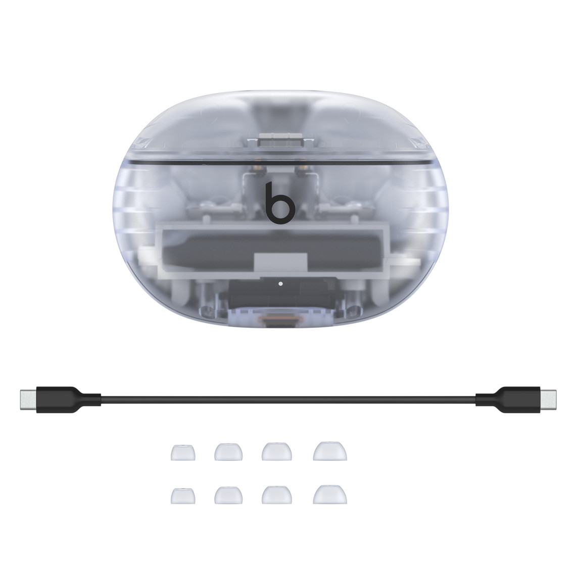 Beats Studio Buds Plus Transparent box contents with USB-C cable and ear tips