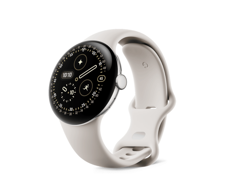 Google Pixel Watch 4 41mm Wi-Fi (Polished Silver, Porcelain) — three-quarter view