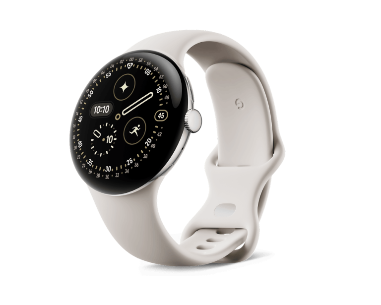 Google Pixel Watch 4 45mm Wi-Fi (Polished Silver, Porcelain) — three-quarter view