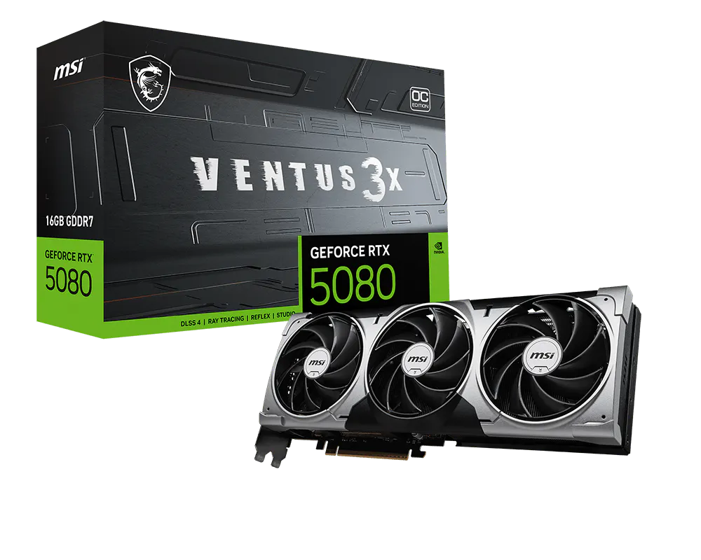 MSI GeForce RTX 5080 16G VENTUS 3X OC – card and retail box