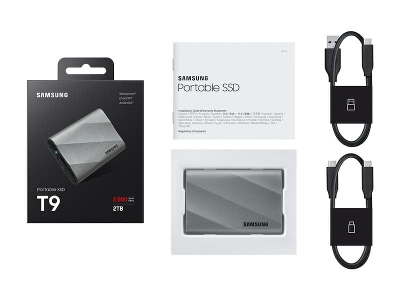 Samsung T9 Portable SSD 2TB (Gray) — drive, cables and packaging