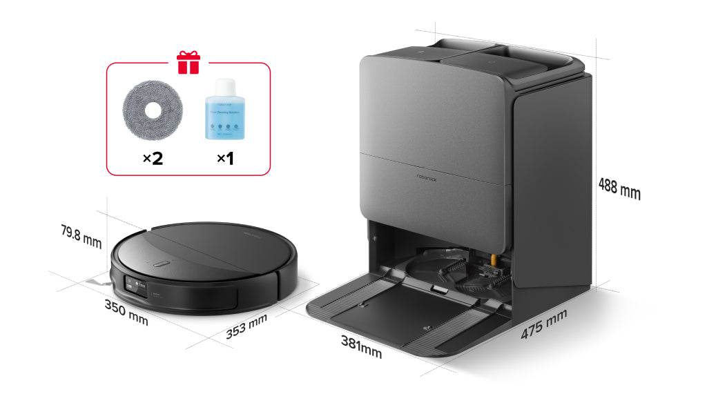 Roborock Saros 20X – robot and dock dimensions with included accessories