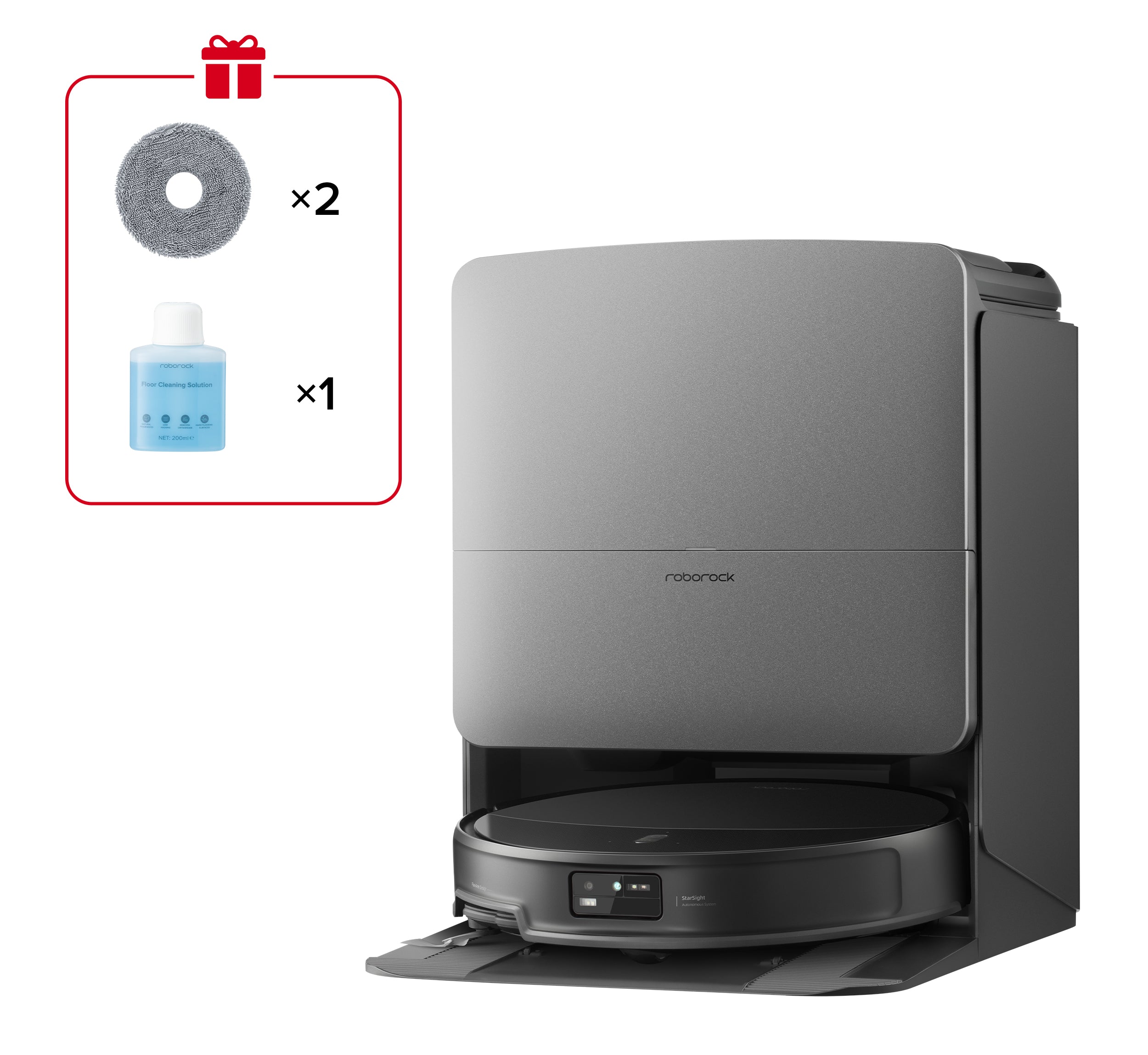 Roborock Saros 20X – robot, RockDock and included spare mop pads and cleaning solution