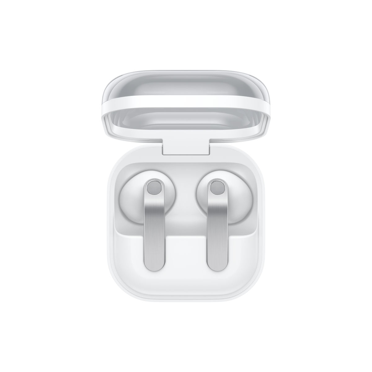 Samsung Galaxy Buds4 White — earbuds in open charging case