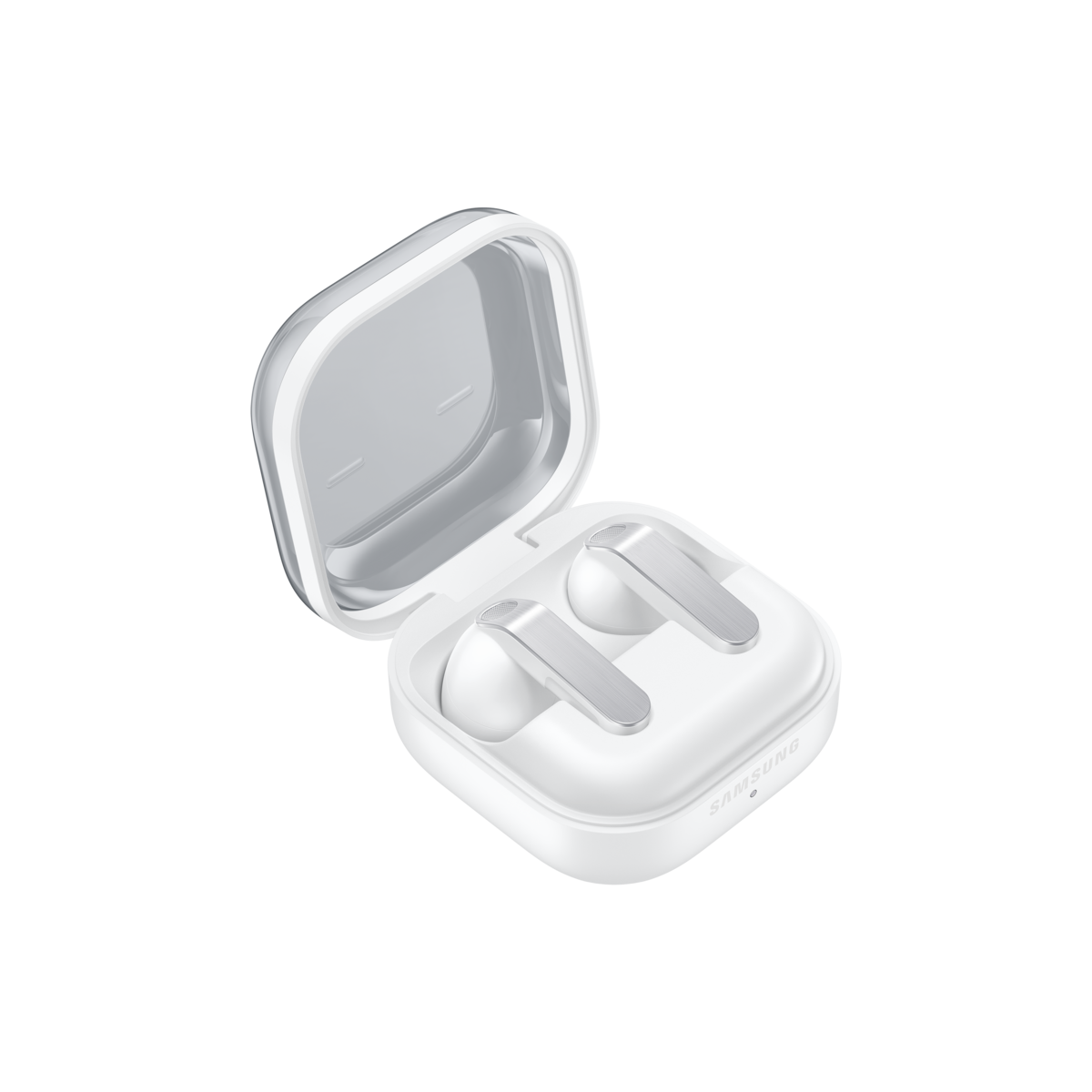 Samsung Galaxy Buds4 White — open charging case side view