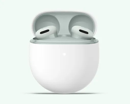 Google Pixel Buds 2a (Fog) — earbuds in open charging case