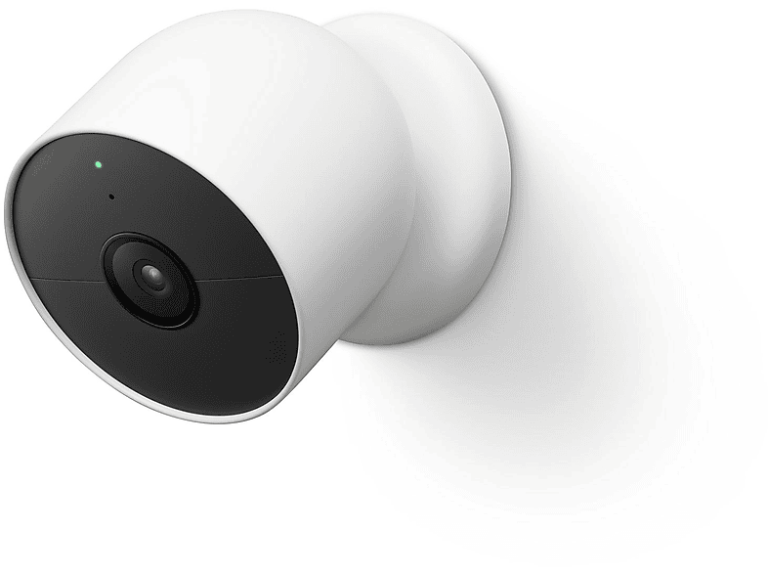 Google Nest Cam Battery (Snow, GA01317-DE) — mounted camera, three-quarter view
