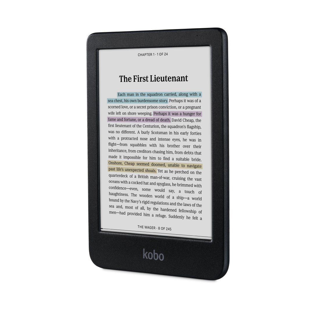 Kobo Clara Colour eReader (Black, 16GB) — front reading view at an angle