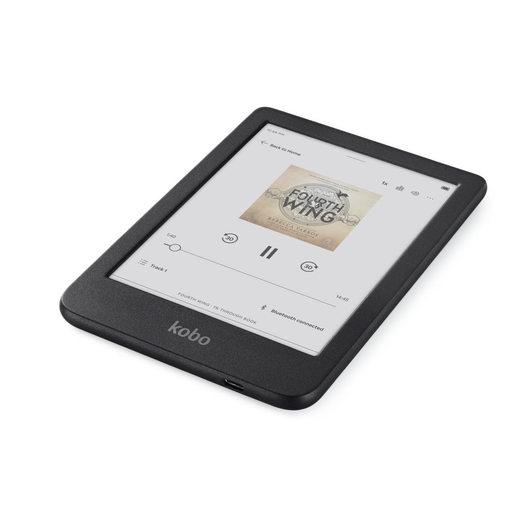Kobo Clara Colour eReader (Black, 16GB) — audiobook screen at a low angle