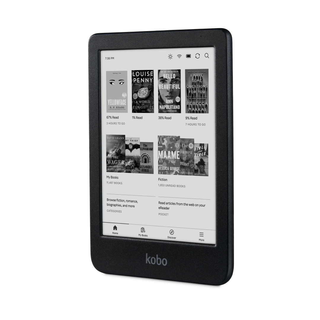 Kobo Clara BW eReader (Black, 16GB) — library display at an angle