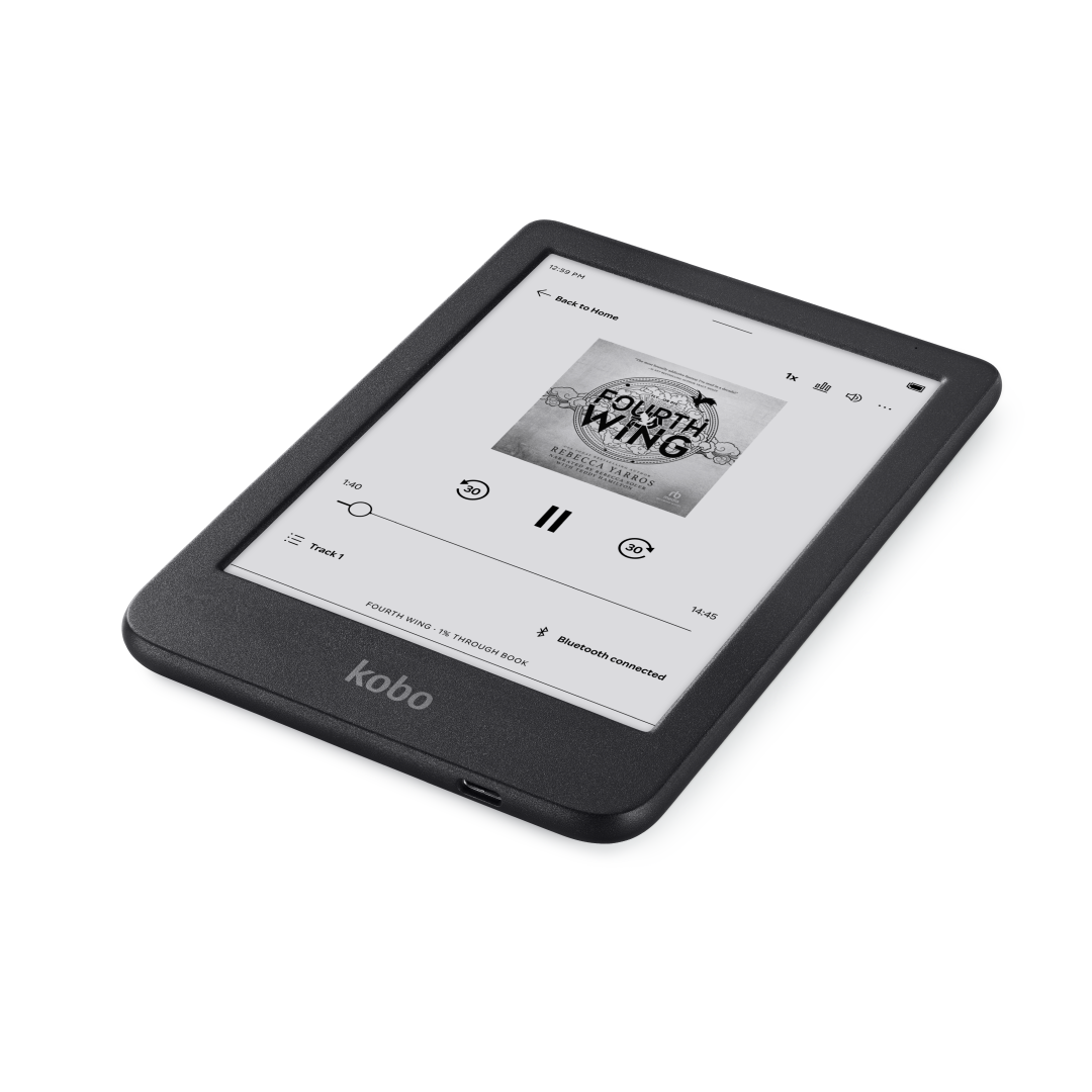 Kobo Clara BW eReader (Black, 16GB) — audiobook screen at a low angle