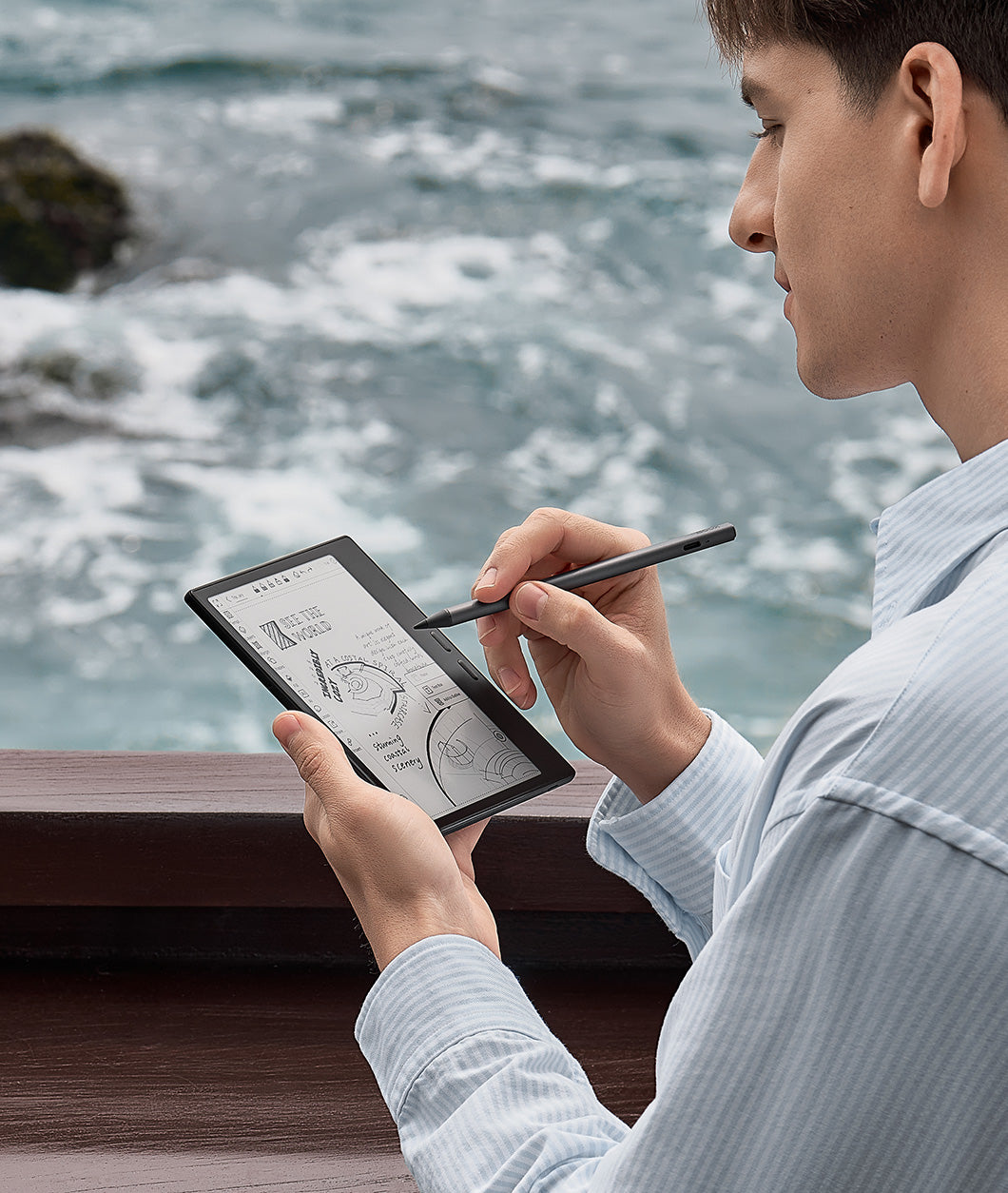 BOOX Go 7 eReader (White, 64GB) — outdoor writing illustration; optional stylus