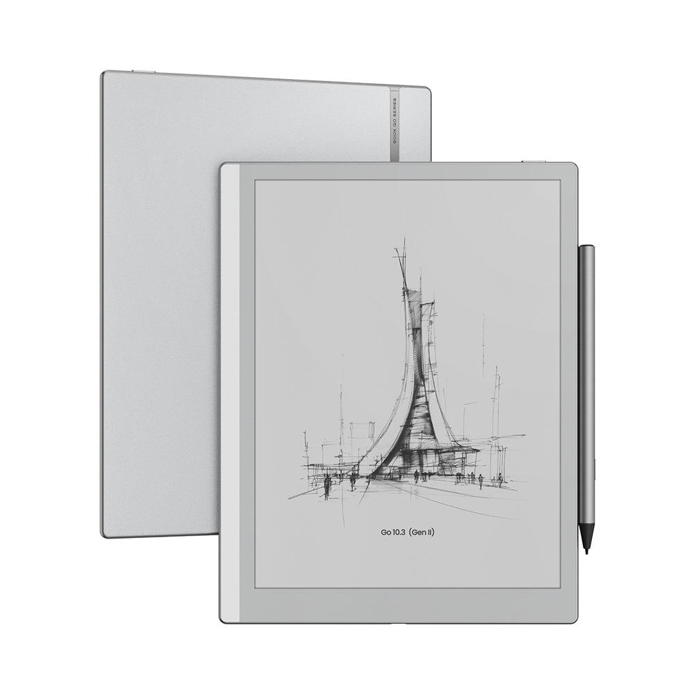 BOOX Go 10.3 (Gen II) ePaper Tablet (White, 64GB) — angled front and rear with stylus