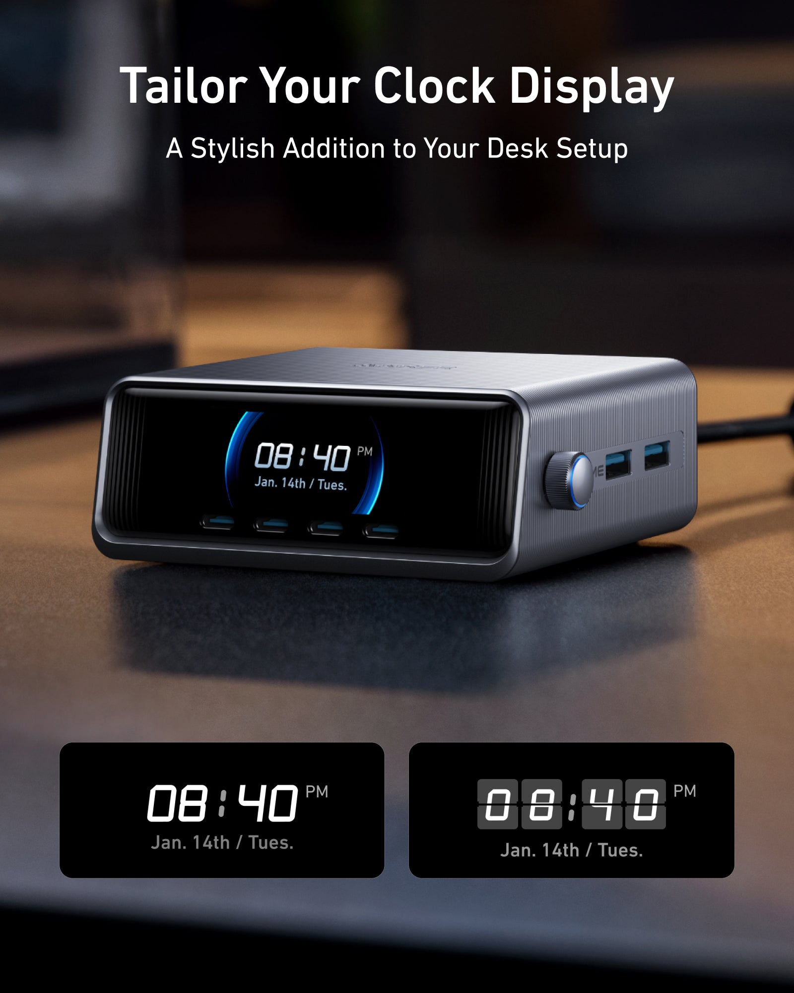 Anker Prime Charger 250W (6 Ports, GaNPrime, A2345) — clock display illustration