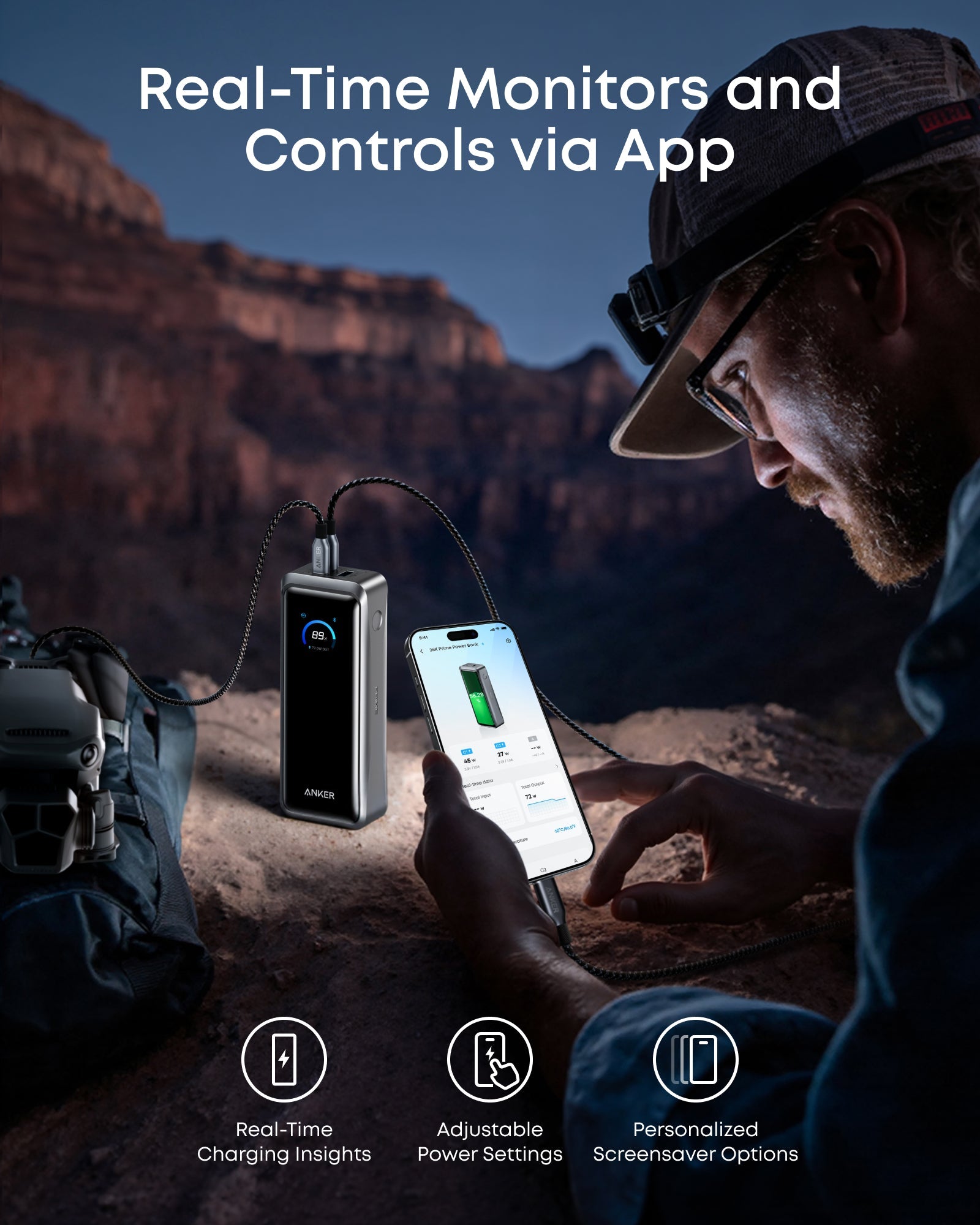 Anker Prime Power Bank 26K 300W (A110A) — app monitoring illustration