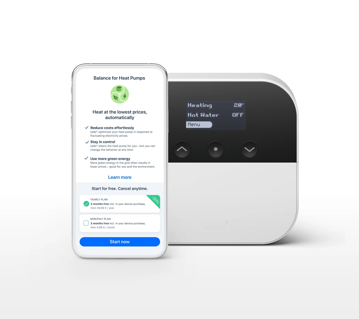 tado° Heat Pump Optimizer X — app and controller illustration