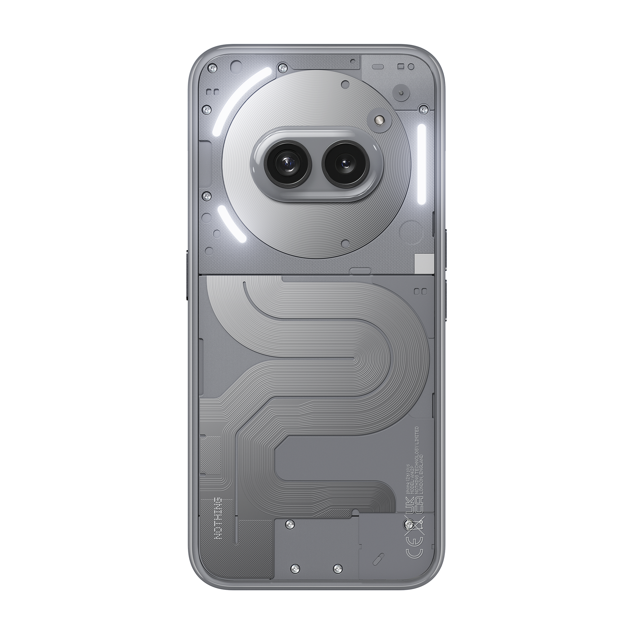 Nothing Phone (2a) Plus Grey — angled rear view with Glyph lights on