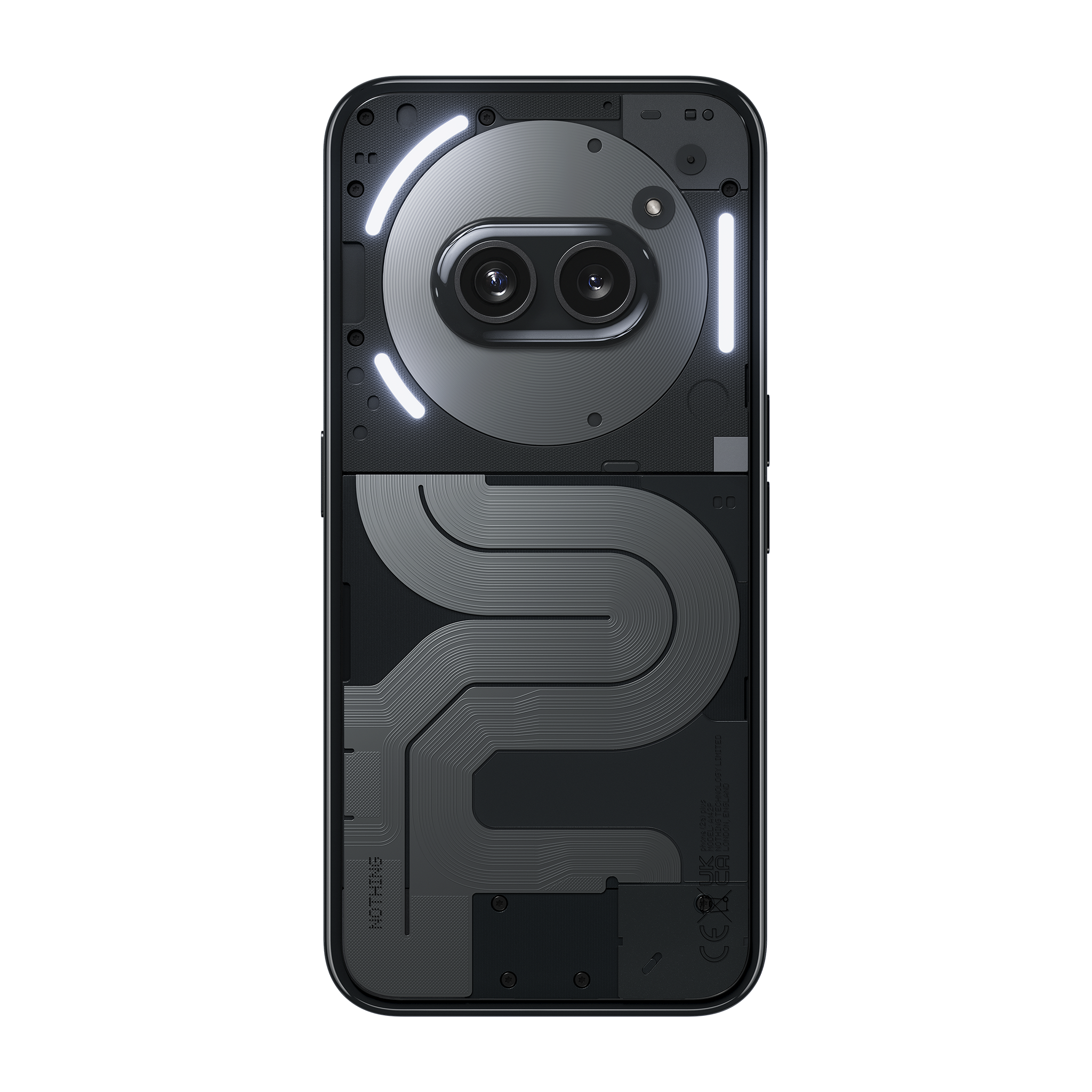 Nothing Phone (2a) Plus Black — angled rear view with Glyph lights on