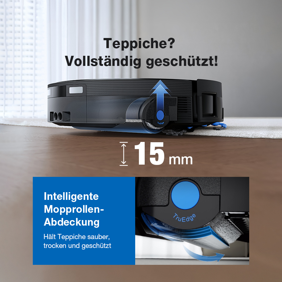 ECOVACS DEEBOT X12 OmniCyclone Robot Vacuum and Mop (Black) — Roller lift and carpet-protection illustration