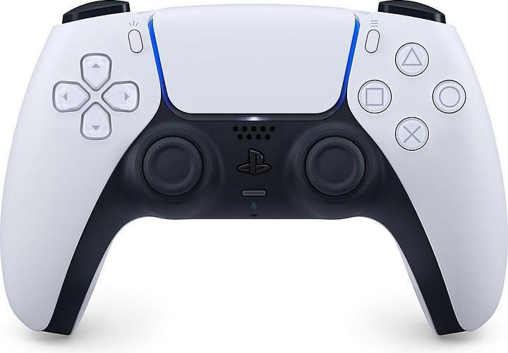 Sony PlayStation DualSense Wireless Controller (White) — Straight front view with blue light bar