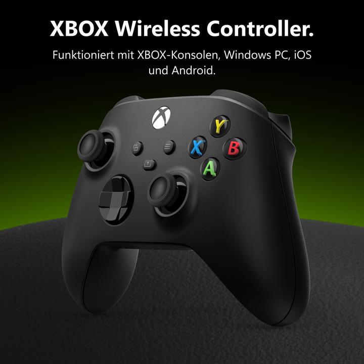 Xbox Wireless Controller Carbon Black three-quarter view on dark background
